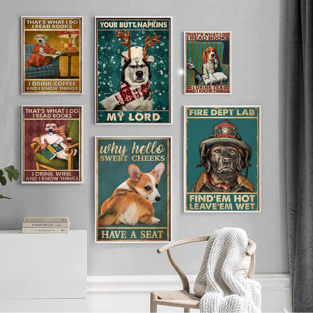 Retro art animal canvas painting lovely dog reading poster slogan wall painting living room bedroom home decoration mural No Frame