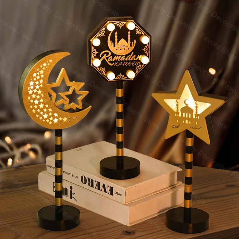 Eid Mubarak Mond Stern Lampe Holz Ornament 2025 Ramadan Kareem Heim Tisch Dekoration LED Licht Laterne Islamische Muslimische Party Geschenk