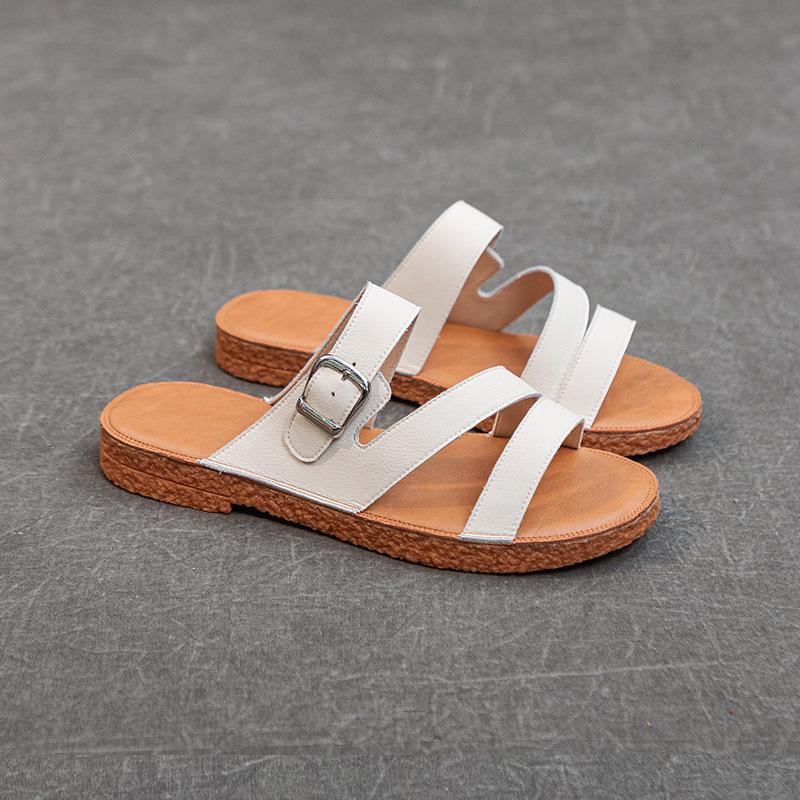 2025 New Summer Cowhide Flat Heel Soft Bottom Daily Casual Breathable One-word Buckle Lightweight Roman Slippers Women