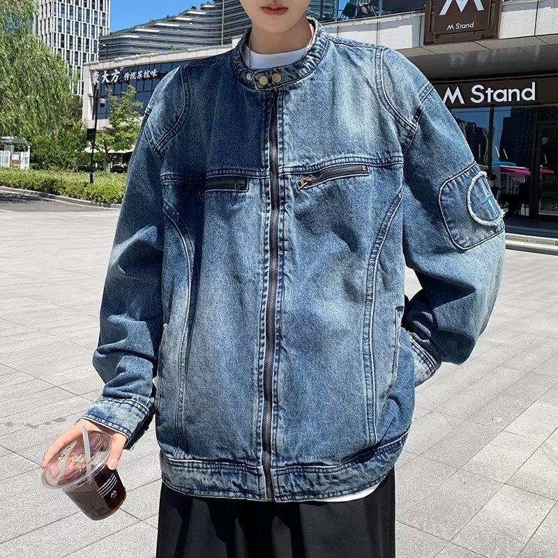 

Свободная джинсовая куртка в американском стиле с эффектом потертости и выстиранной текстурой, мужская весенне-осенняя новая модная повседневная куртка на молнии 2XL