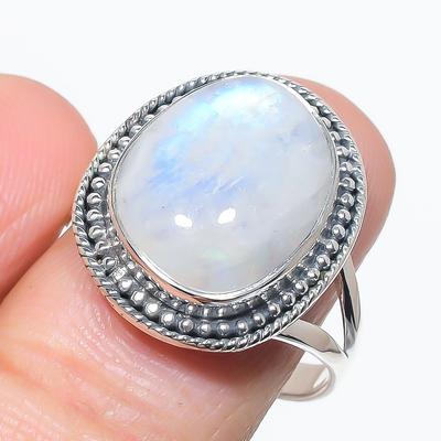 Natural Rainbow Moonstone Gemstone 925 Solid Silver Jewelry Ring Size 10 k5U57