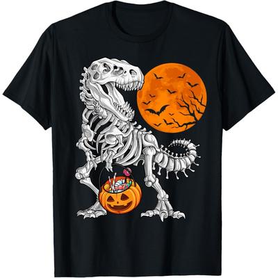 Halloween Boys Dinosaur Skeleton T Rex Scary Pumpkin Moon T-Shirt