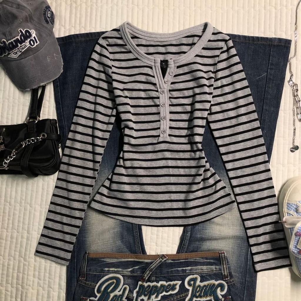 Striped Long Sleeve Top Women Korean Style Vintage Slim Fit Work Wear V Neck Button Autumn Winter Base Layer T-shirt