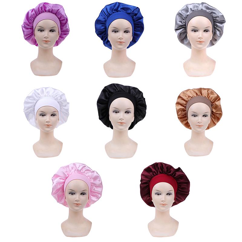 58Cm Solid Color Women Satin Bonnet Cap Night Sleep Hat Adjust Shower Caps