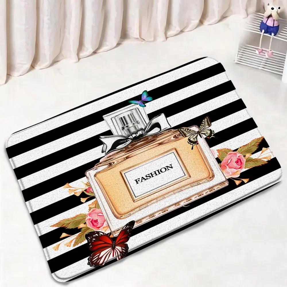 Pink Perfume Bath Mat Set Black White Striped Fashion High Heel Woman Girl Home Carpet Bathroom Decor Non-slip Rug Toilet Cover