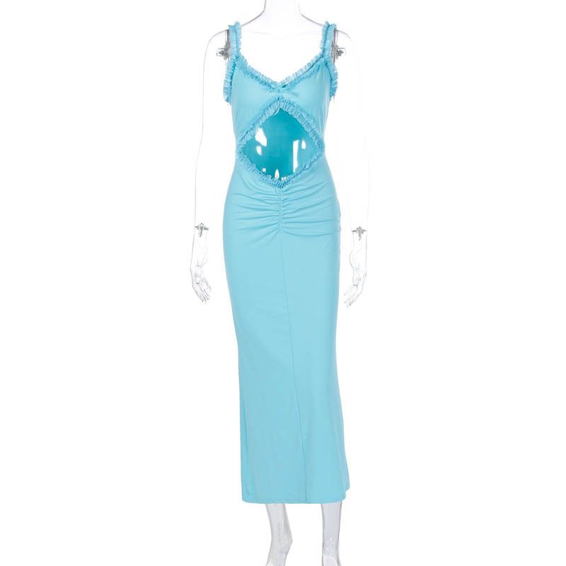 Fashion 2024 Summer New Suspender Wooden Ear Collarless Crop Top Sexy Silm Long Dress Export Female