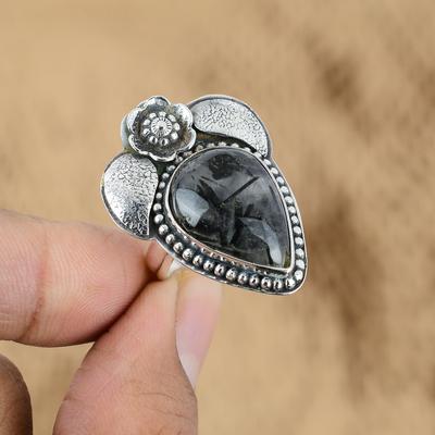 Womens Day Sale Sterling Silver Pear Black Rutile Gemstone Daughter Flower Ring