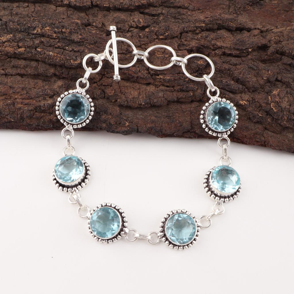 Rare Sky Blue Topaz Gemstone 925 Sterling Silver Jewelry Handmade Bracelet 7-9" RB-17-10