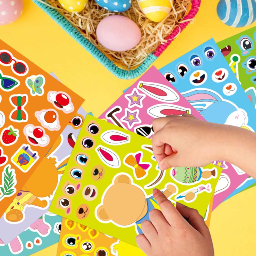 8/16sheets Easter Rabbit Egg Puzzle Stickers Cute Make a Face Animals Cartoon Decals Jigsaw Toys Educational Toys Gifts