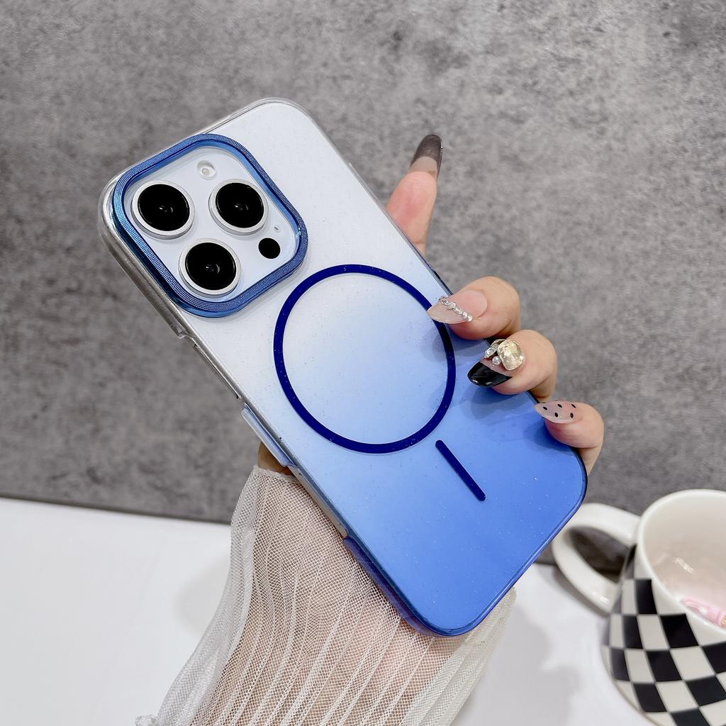 Für Apple 17 Promax Dünner Ring Magnetische Handyhülle für IPhone 16 Farbverlauf Glitzer Metall Linsenring 15 Hart