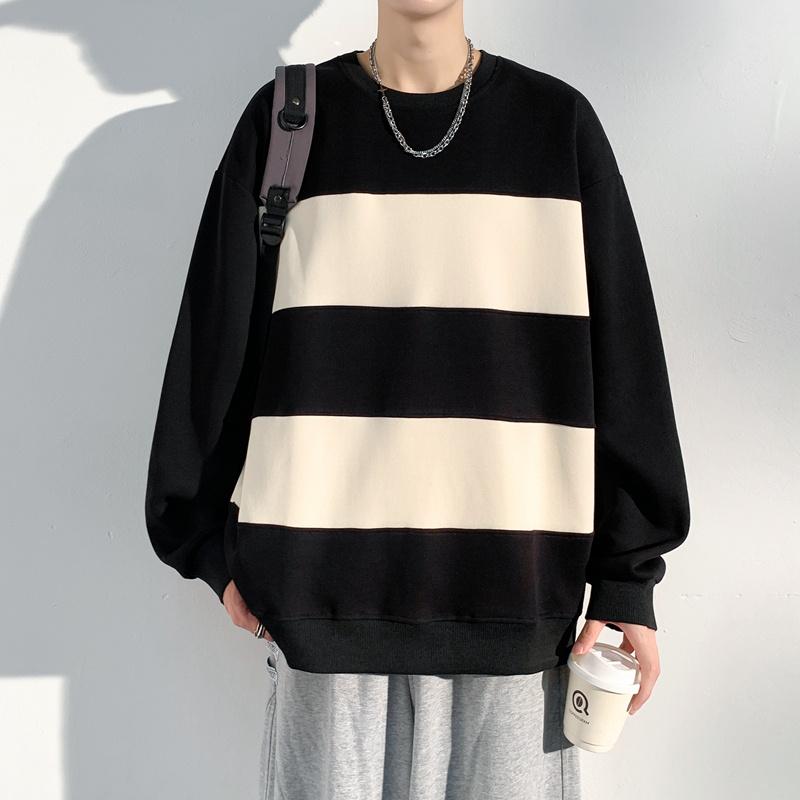 Men's Spring and Autumn New Outdoor Trendy Brand Striped Couple Hong Kong Style Long Sleeve Round Neck T-shirt Pure Cotton Hoodie