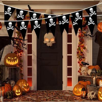 1set 10m Halloween Pirate Banners Pirate Skull Printed Black Pennant Triangle Flags Pirate Theme Party Decoration Birthday Party
