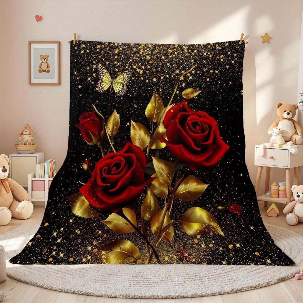 1pc Black Red Rose Blanket Skin-Friendly Soft Blanket Flannel Blanket 2025 New for Birthday Gift Home Sofa Chair Decoration