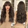 Women’s Natural Black Tea Brown Long Curly Wig with Blunt Bangs Full Wig for Daily Wear