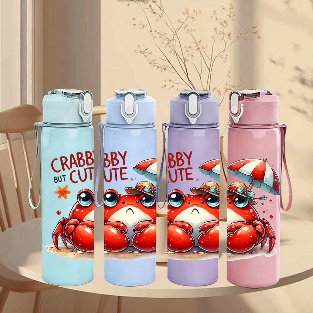 1PC Crab Seafood Summer Cartoon Print 750ml Color Plastic Sports Water Bottle Leakproof Flip Straw Lid Suitable for Sports Office Home Use