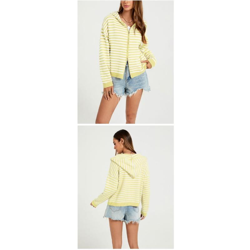 Women S Striped Hooded Zip Knit Cardigan Loose Fit Long Sleeve Sweater