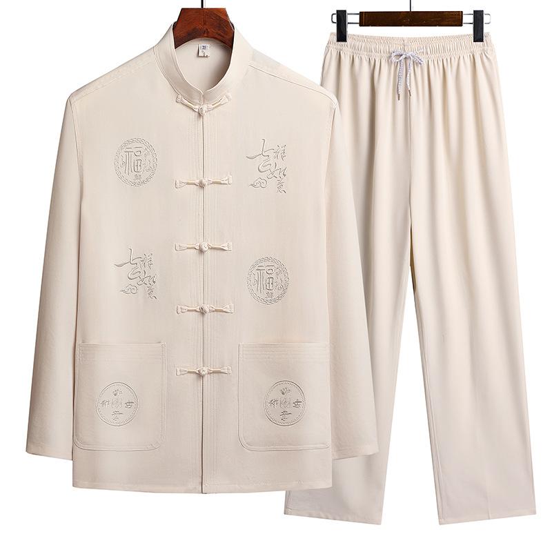 Tang Suit Jacket Spring and Autumn Thin Long-sleeved Suit Men's Cotton and Linen Embroidered Chinese Style Shirt Trousers