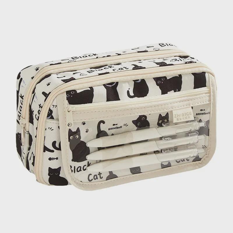 "Transparent Black Cat Pencil Case - Large Capacity, Multi-layer, Student Stationery Bag"