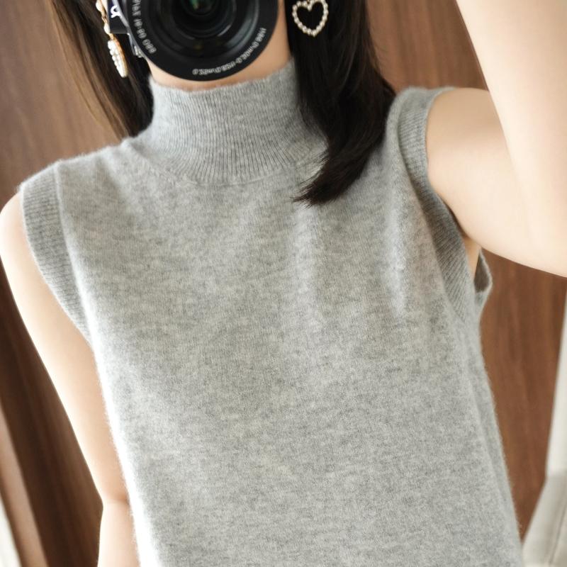 Frauen Tank MODERNE NEUE SAGA Sommer Gestrickte T-shirt Ärmellose Basic Tees Stricken Top Rollkragen Weibliche