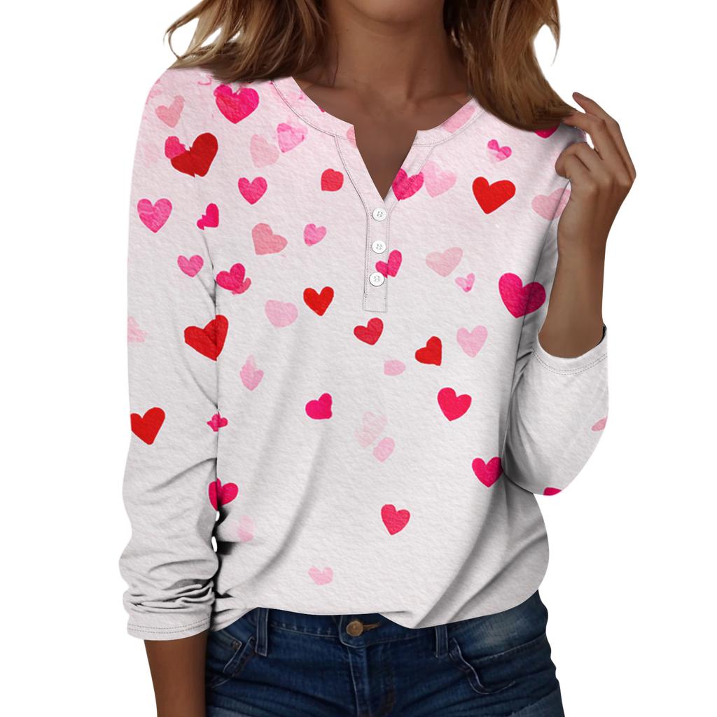 Damen T-Shirt mit Weihnachtsdruck, Knopfleiste, lange Ärmel, für den Alltag, Wochenende, modisch, Basic, V-Ausschnitt, normales Oberteil