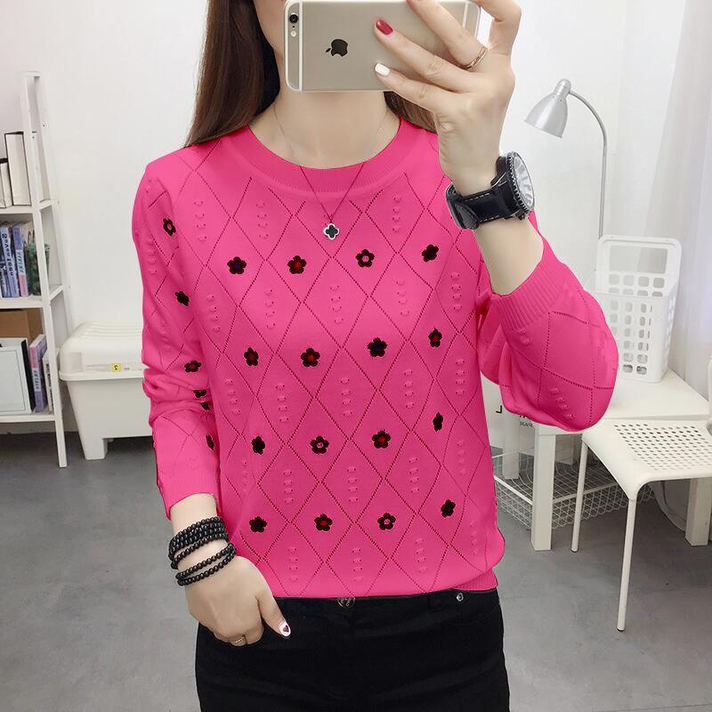 

Women s Autumn Knitted Top Loose Fit Thin Style Versatile Hollow Out Embroidered Base Layer M рожевий червоний колір
