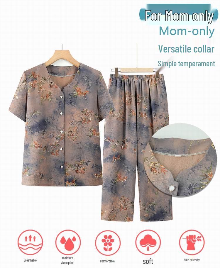 Grandma's Summer Two-Piece Set: Short-Sleeve Round-Neck Shirt for Middle-Aged and Elderly Women