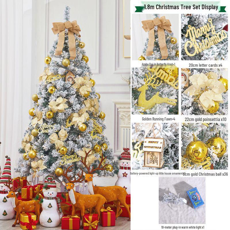 Golden Christmas Tree Set with Ornaments: 1.5m, 1.8m, 2.1m Flocked Pine with White Snow