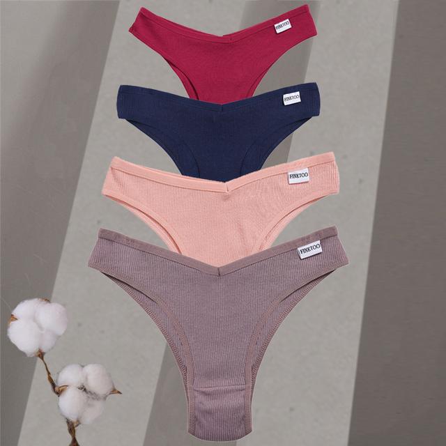 FINETOO 4Pcs/Set Women Cotton Lingerie Female Sexy Low Waist Panties M-XL Underwear Thongs 10 Solid Color Bikini Girls Intimates Briefs