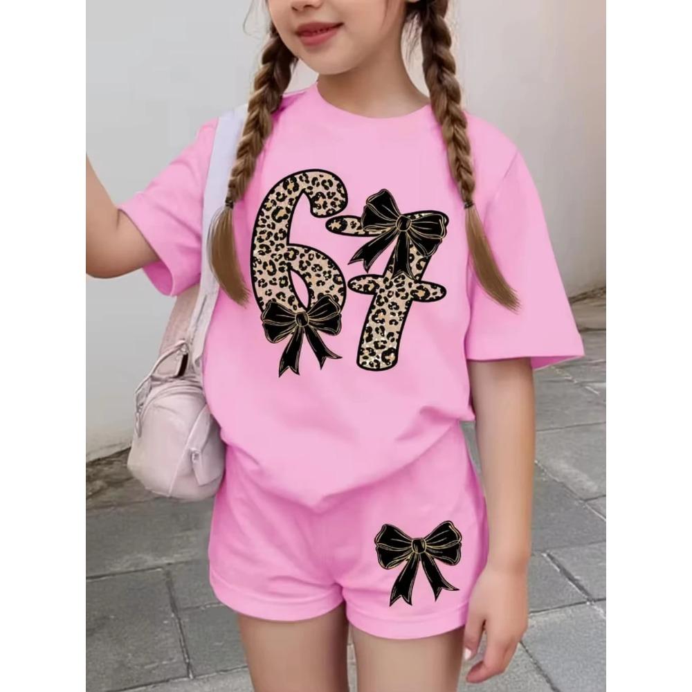 67 Six Seven Girls Clothes Cute Tie-Dye 3D Print Girls Short Sleeve T-Shirt Pants Set Casual Fashion Children's Clothes Tops