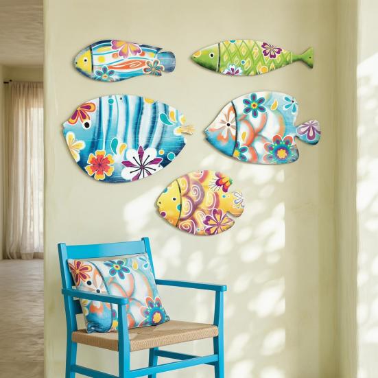 5 Pièces Poisson en Bois Décor Mural Nautique Rustique Suspendu Art Mural Plage Thème Océanique Côtiers Ornements pour Maison de Lac Salle de Bain Chambre
