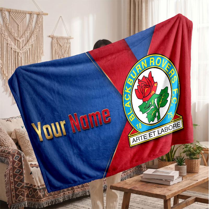 Blackburn Rovers FC Personalized Fleece Blanket With Football Logo, Custom Name Text Soft Warm Home Throw Blanket