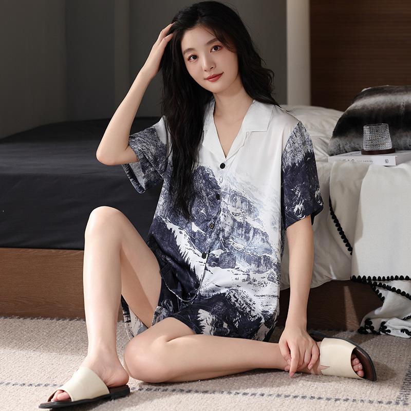 Premium Pajamas Women's Summer Ice Silk Short Sleeves Fat Mm Ice and Snow Silk Simulation Silk Suit New Chinese National Style