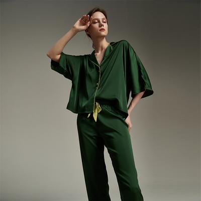 New Ice Silk Comfort Women's Pajamas Satin Summer Thin Crop Sleeves Lapel Can Be Out for Home Pyjamas Suit