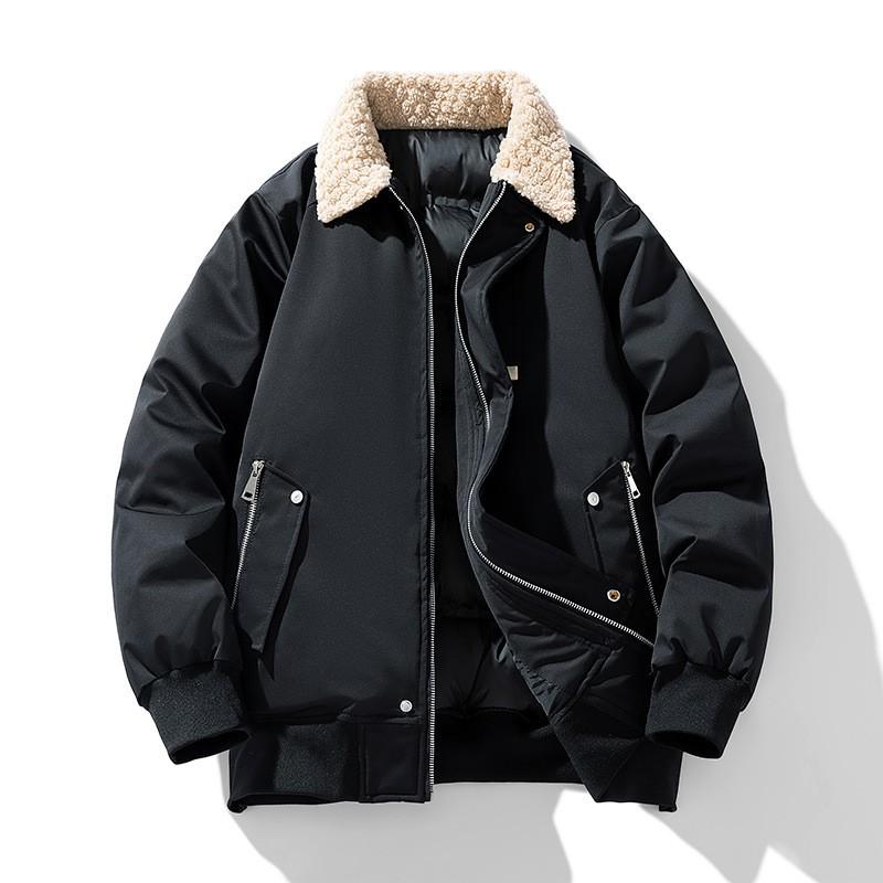 Warm Fleece-Lined Cotton Puffer Jacket Winter Unisex Oversized Loose Fit With Turn-Down Collar Black Beige Caramel Olive