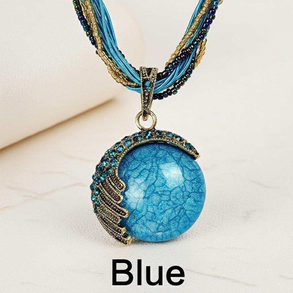 

Turquoise Rhinestone Pendant Chain Necklace Bohemian Retro Style Fashion Jewelry for Women синий