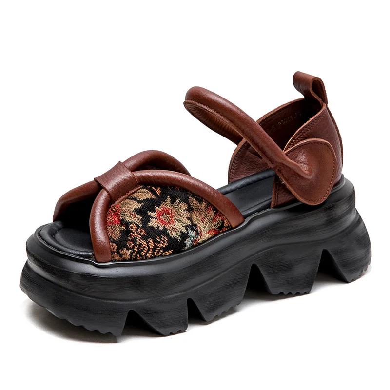 Fashion 7CM Stretch Fabric Women Sandals Cow Genuine Leather Platform Flats Chunky Sneakers Elastic Moccasins 2025 Fashion Natural Shoes