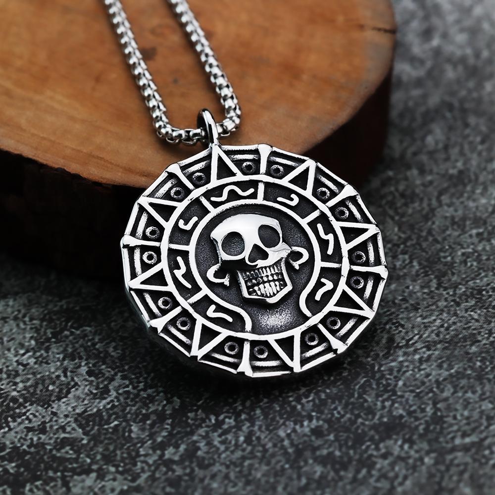 Caribbean Pirate Aztec Gold Coin Skull Personality Men's Pendant Titanium Steel Jewelry