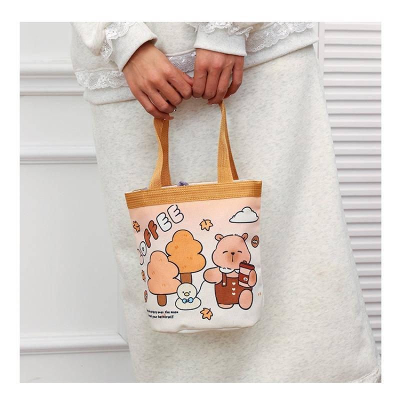 Canvas Bucket Bag Cute Graffiti Childlike Illustration Hand-held Bucket Mommy Storage Bag Bento Bag Work Small Bag