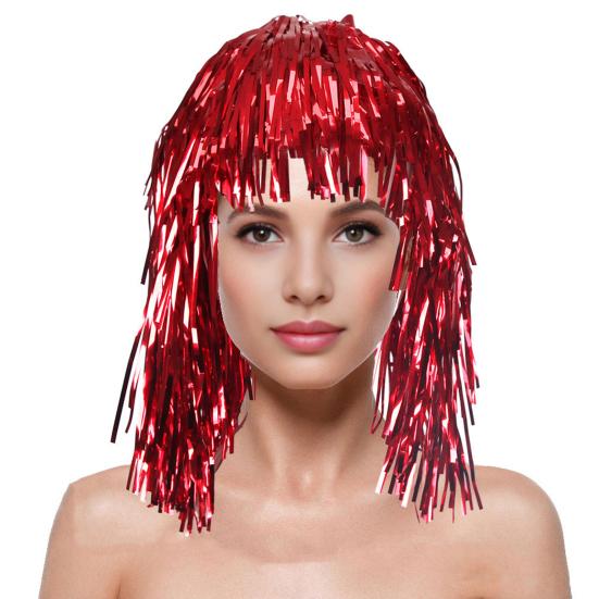 Foil Tinsel Wigs for Adults Fancy Dress Party Shiny Tinsel Wig Metallic Masquerade Disco Hat for Photo Booth Prop Cosplay Supplies