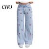 Stretchy Slim Jeans Girl's Bow Cherry Print Baggy Jeans, Wide Leg Mid Waisted Denim Pants for Women Pants, Zipper Fly Elastic Casual Streetwear
