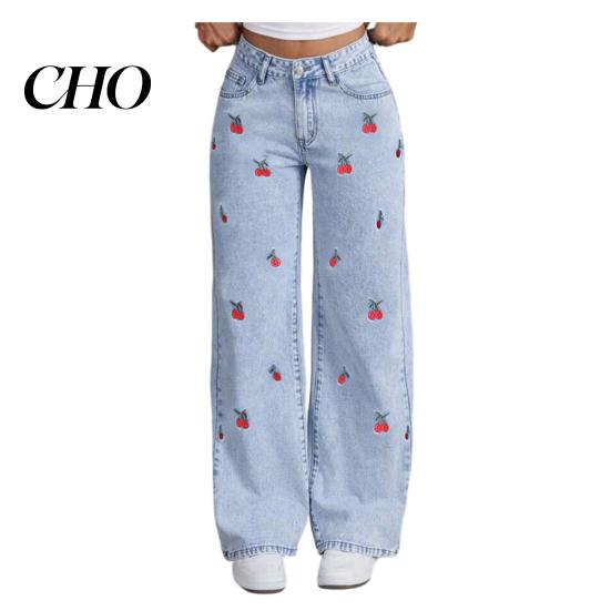 Stretchy Slim Jeans Girl's Bow Cherry Print Baggy Jeans, Wide Leg Mid Waisted Denim Pants for Women Pants, Zipper Fly Elastic Casual Streetwear