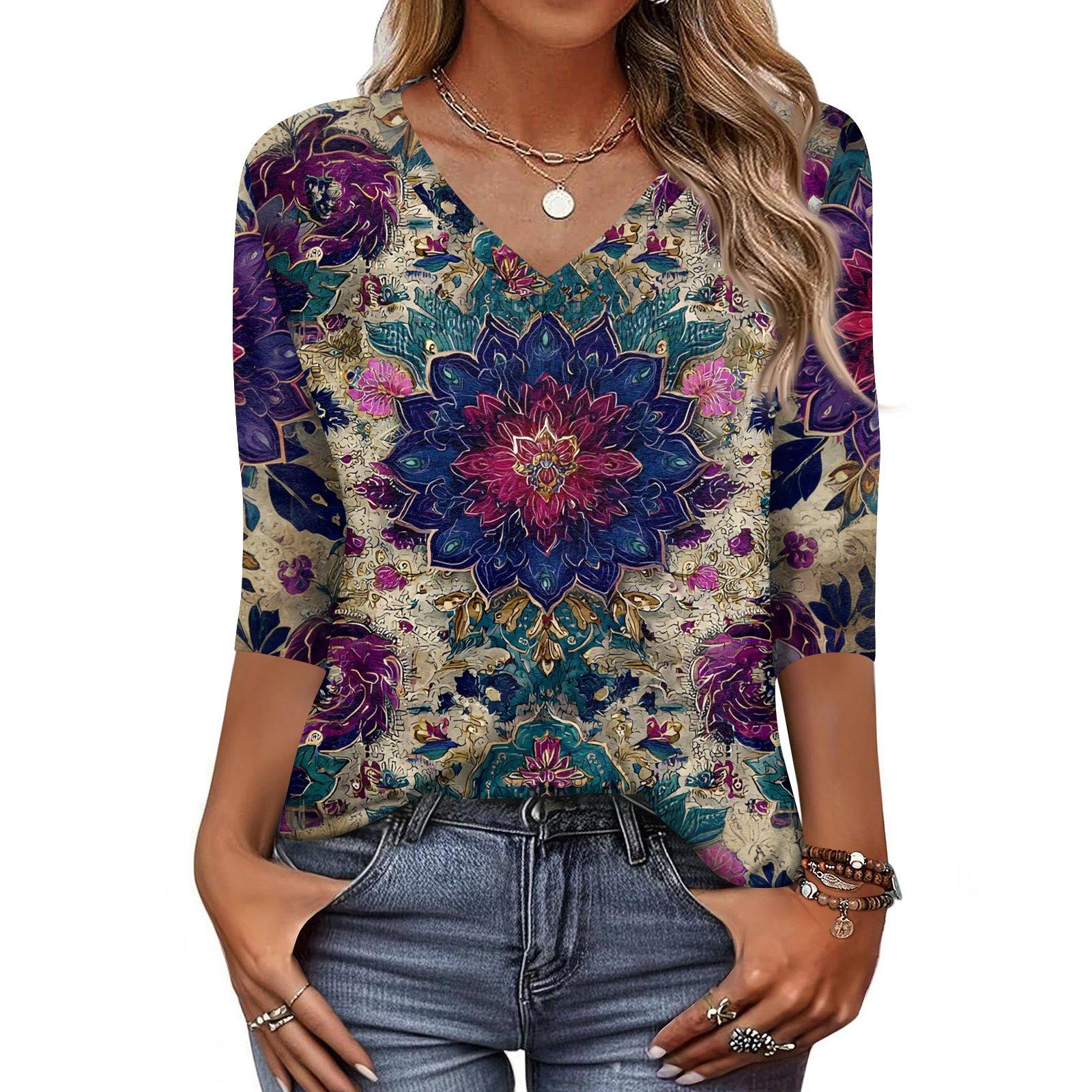 

Женская футболка с принтом, рукав 3/4, повседневная мода на выходные, базовый топ с V-образным вырезом XL фиолетовый