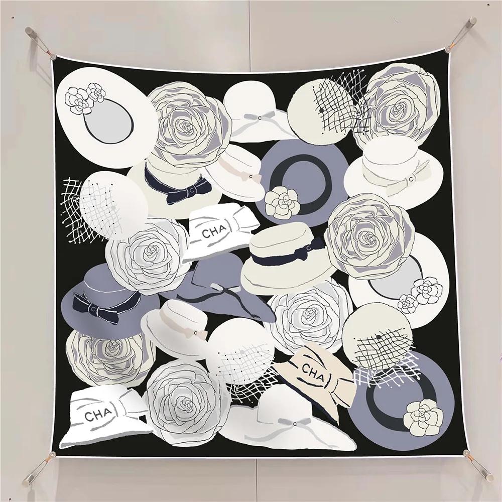 90Cm Autumn New Black And White Plain Rose Hat Twill Silk Women'S Sunscreen Shawl Large Square Scarf Headscarf