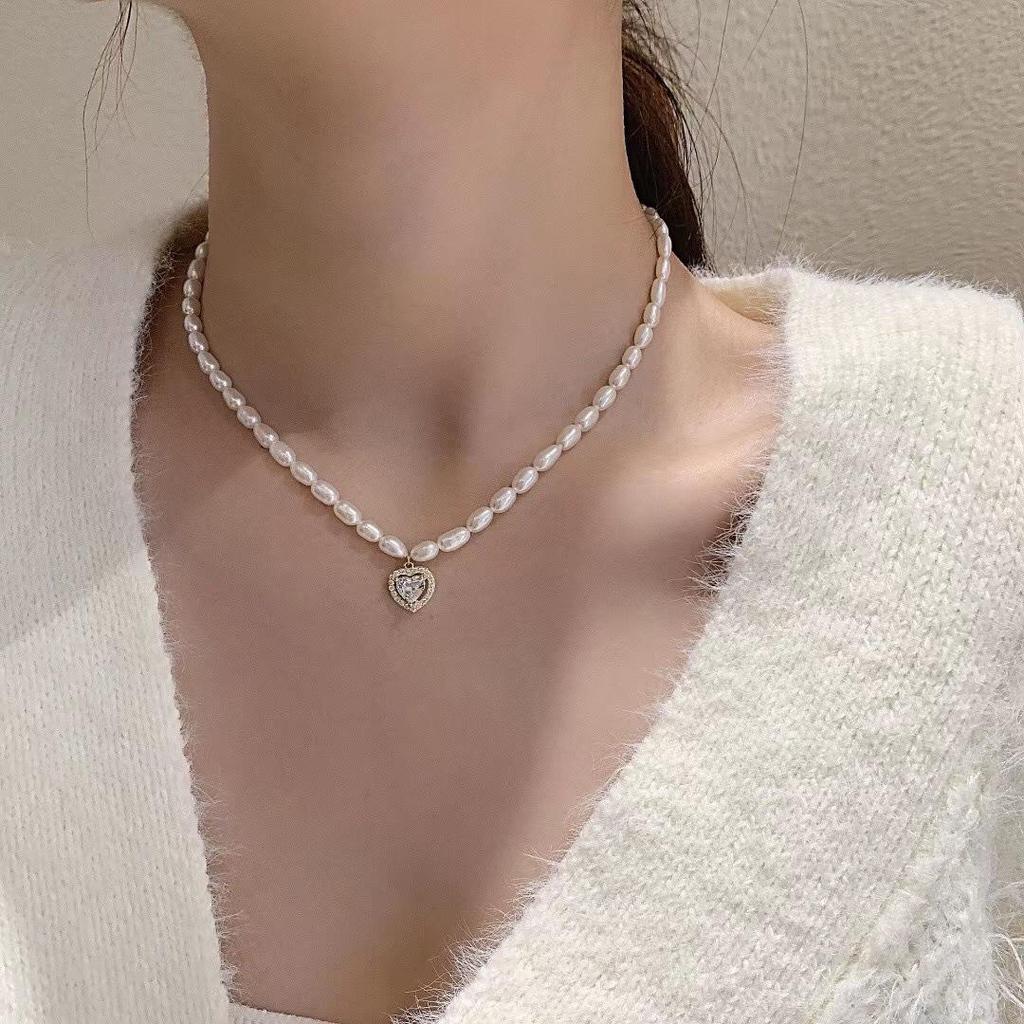 Minimalist Pearl Heart Zircon Pendant Necklace for Women