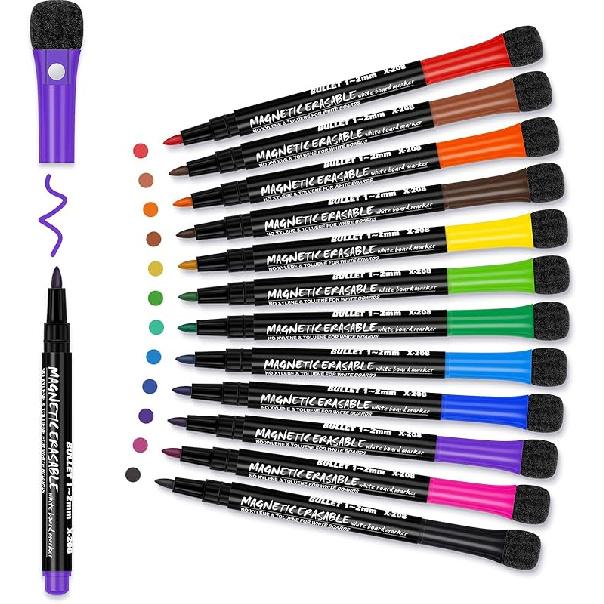 Magnetic Dry Erase Markers Fine: 12 Colors Erasable Whiteboard Markers Fine Point with Eraser Cap, Low Odor White Board Dry Erase Pens Fine Tip for