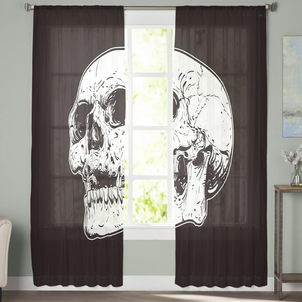 Schwarzer Totenkopf Gesichter Knochen Kunst Vorhang für Wohnzimmer Transparente Tüll Vorhänge Fenster Sheer für das Schlafzimmer Zubehör Dekor