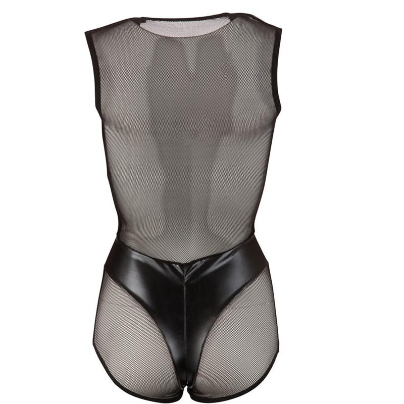 Sexy Faux Leather Catsuit Women Sexy Mesh Lingerie Slim Leotard Sex Underwear Deep V Zipper Open Crotch Erotic Bodysuit Clubwear
