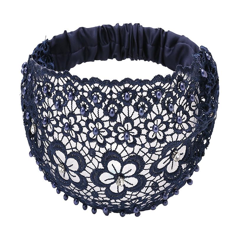 Elegant Women Hollow Headband Flower Pattern Shiny Rhinestones Faux Pearls Hair Band High Elastic Wide Hair Hijabs Holder