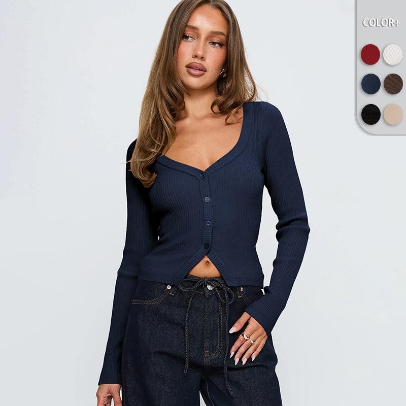 Women S V Neck Long Sleeve Ribbed Button Front Cardigan