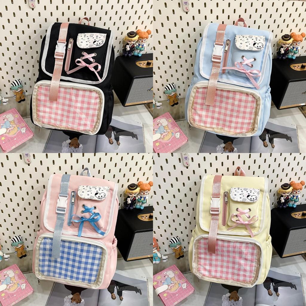 Designed Backpack Minimally With Grid Print And Bow Decoration For Daily